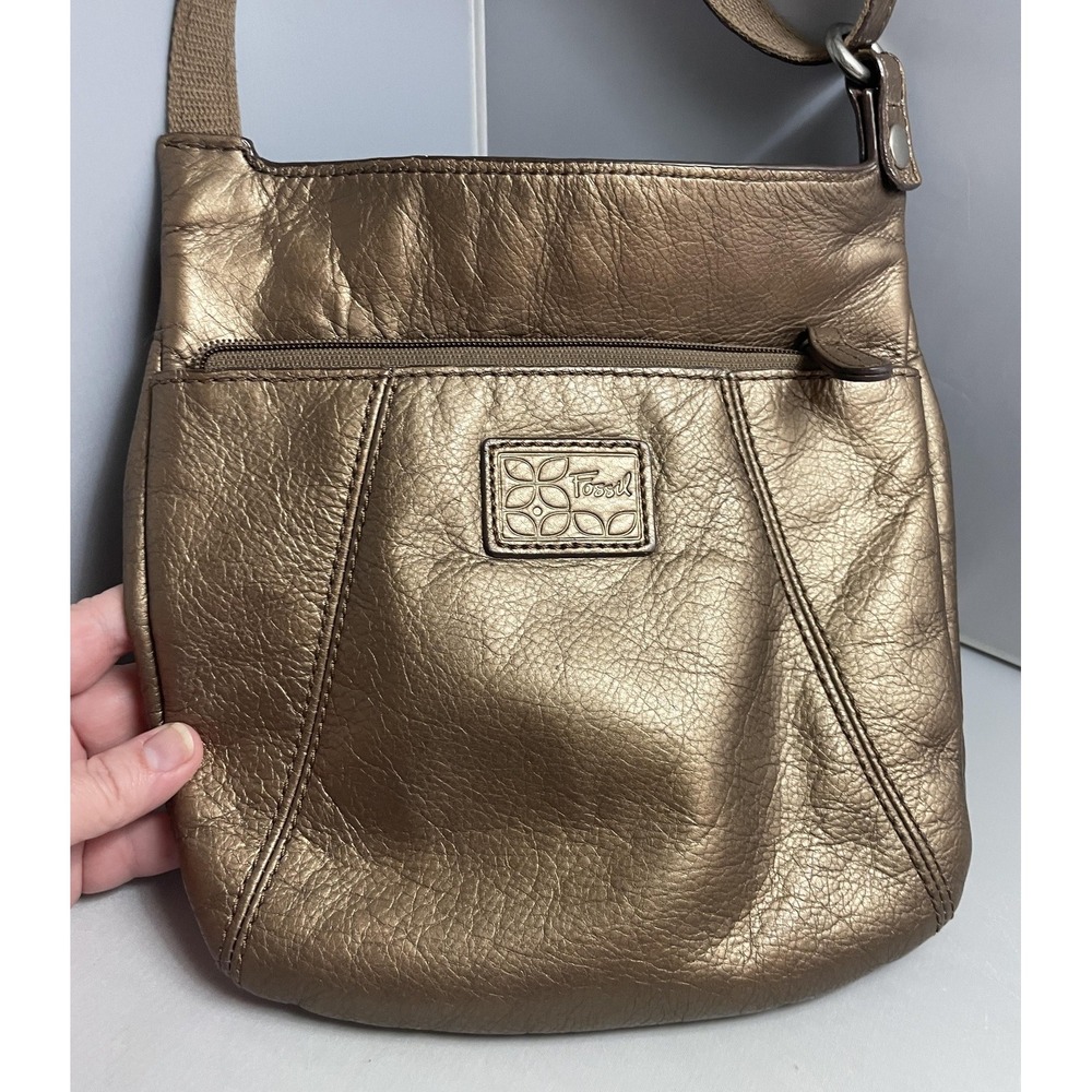 FOSSIL Crossbody Bag Metallic Bronze Womens Leather Purse Lots of Pockets